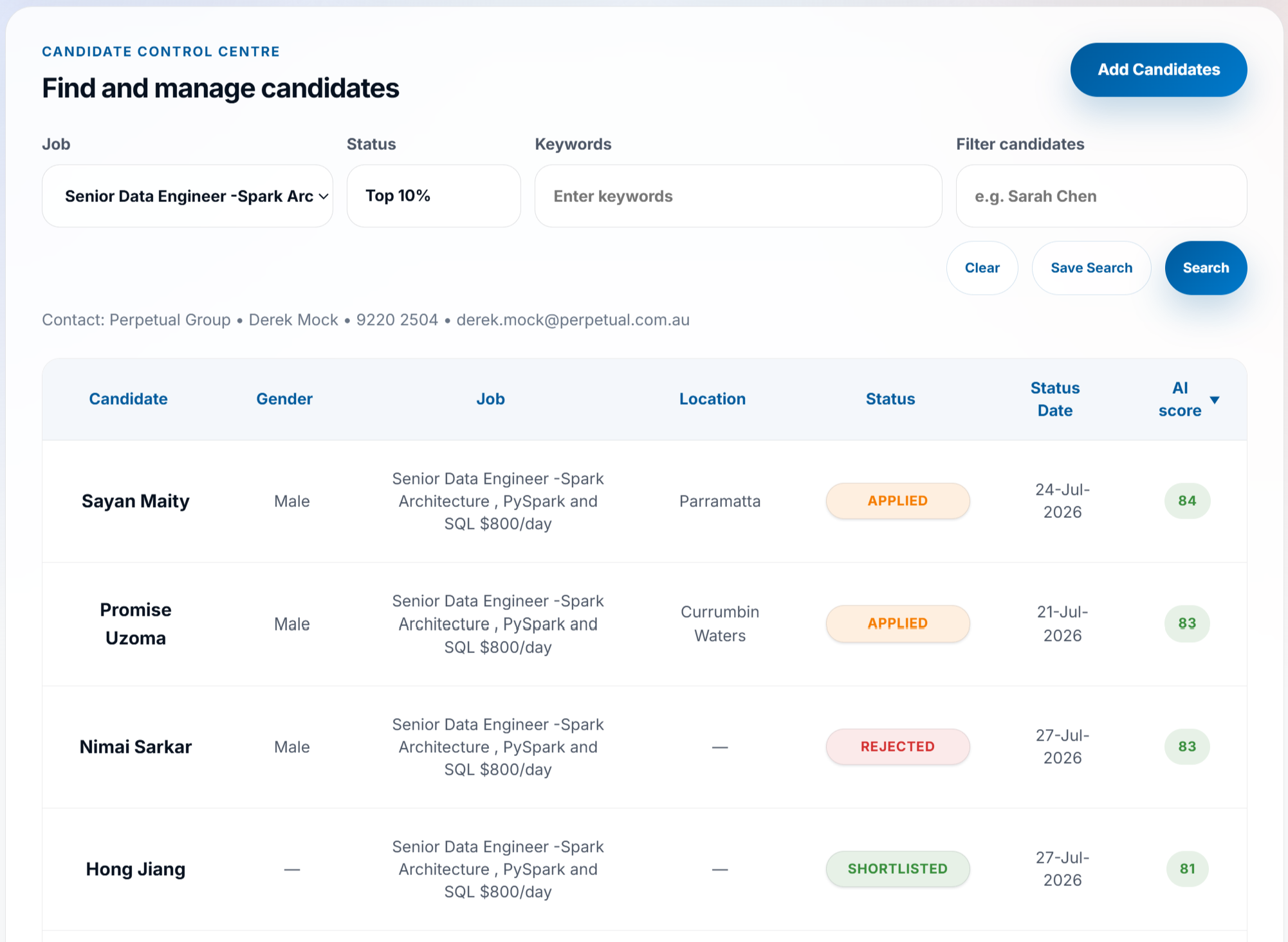 Applicants content screenshot